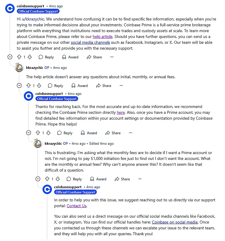 Coinbase Prime Fees Reddit Conversation