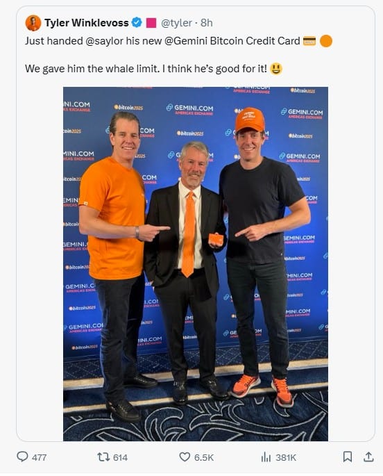 Tyler Winklevoss Tweet