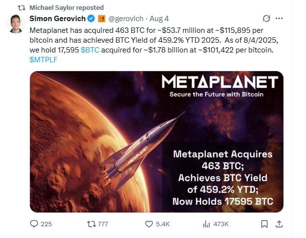 Saylor MetaPlanet Retweet