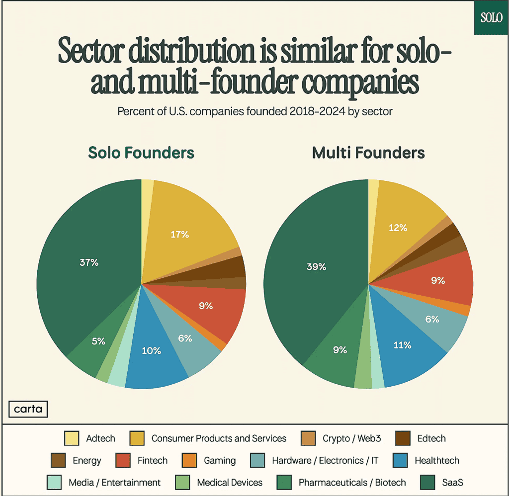 Sector distribution is similar for solo-and multi-founder companies